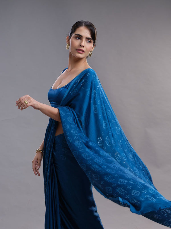 Peacock Blue Plain Body & Bathic Print Ethnic Wear Saree
