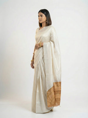 Semi Silk Women’s Ivory  Saree with Minimal Plain Design and Printed Blouse Piece