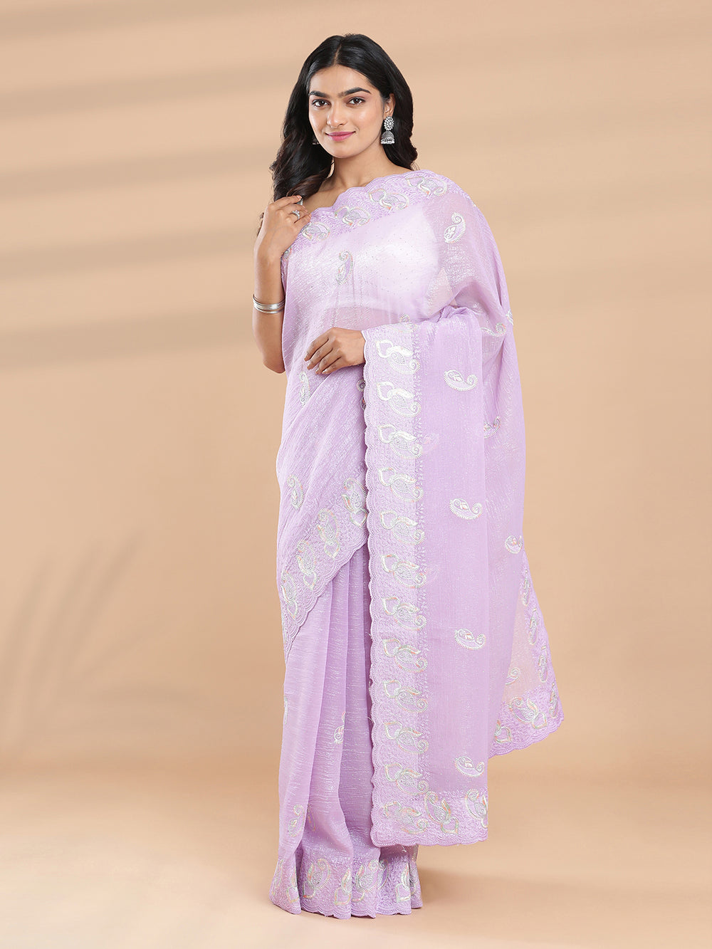 Light Violet Color Soft Crush Organza Saree With Paisley Embroidery Design On Body