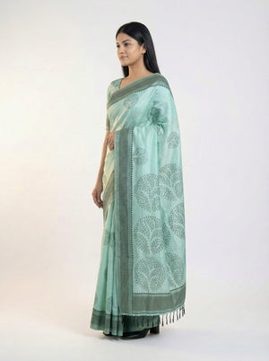 Semi Silk Pastel Blue Party Wear Saree with Round Tree Motif
