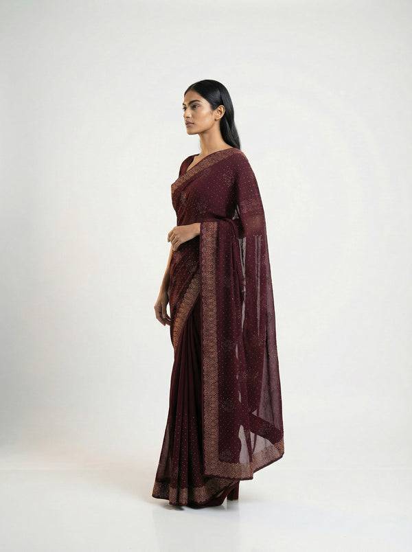 Vijithra Silk Wine Purple Stone Work Designer Saree