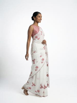 Organza Off White Floral Bird Print Designer Saree with Scalloped Border Detailing