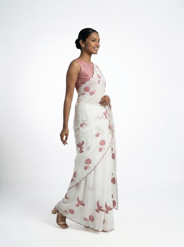 Organza Off White Floral Bird Print Designer Saree with Scalloped Border Detailing