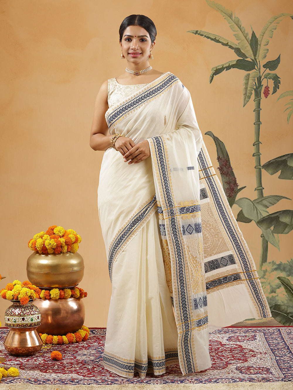 Off White Color Cotton Set Saree With Navy Blue With Golden Designed Border And Buttas