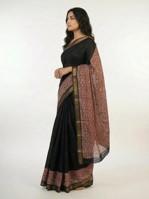 Cotton Black Saree with Printed Rich Contrast Border