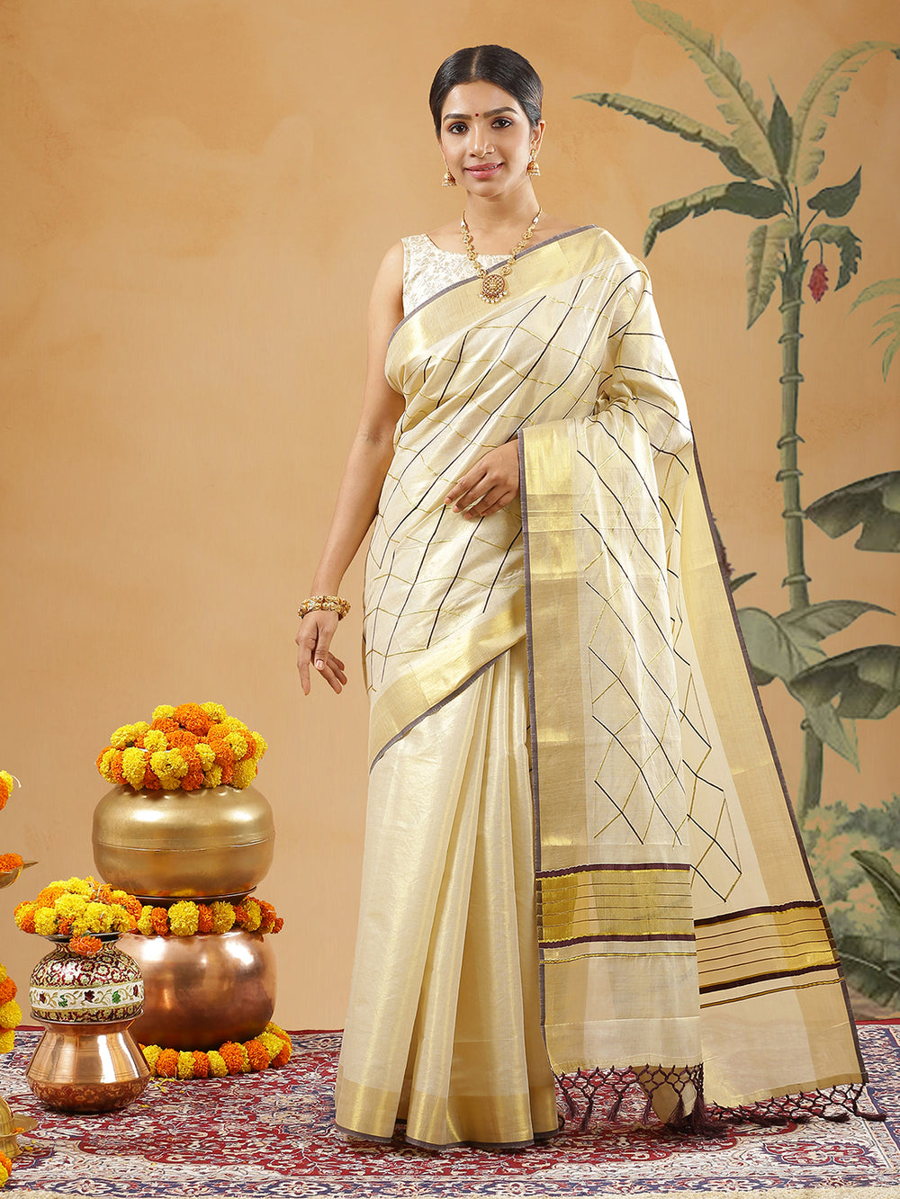 Golden Tissue Set Saree With Brown And Golden Embroidery Lined Geomatric Design