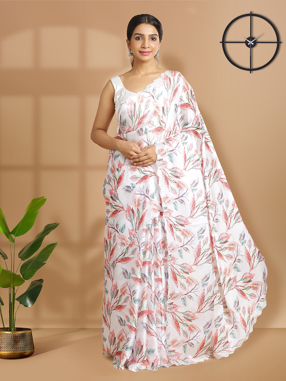 White Satin Crepe Saree With Multi Color Botanical Print Over Body
