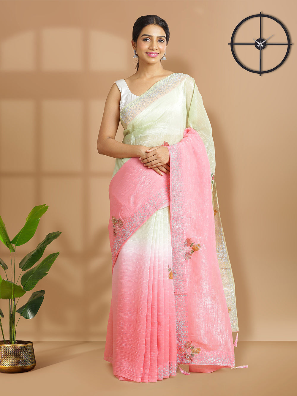 Peach And Pista Green Double Shade Floral Painted With Metalic Glue Designed Georgette Saree