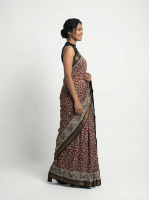 Chanderi Cotton Red And Black Floral Printed Saree