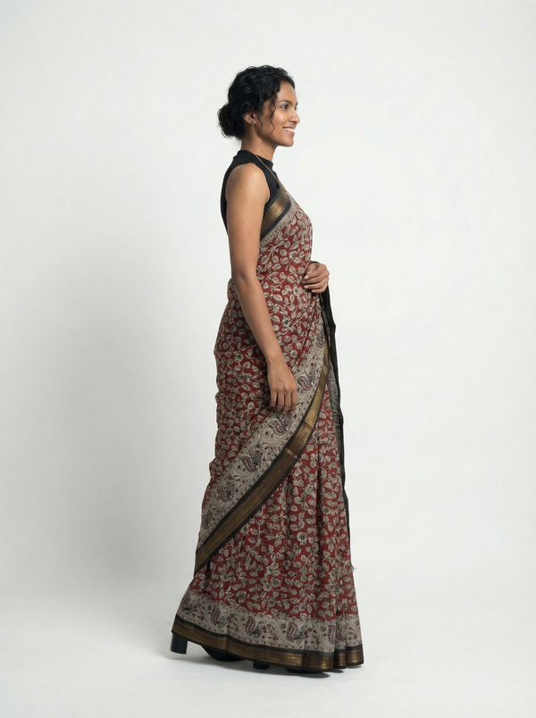 Chanderi Cotton Red And Black Floral Printed Saree