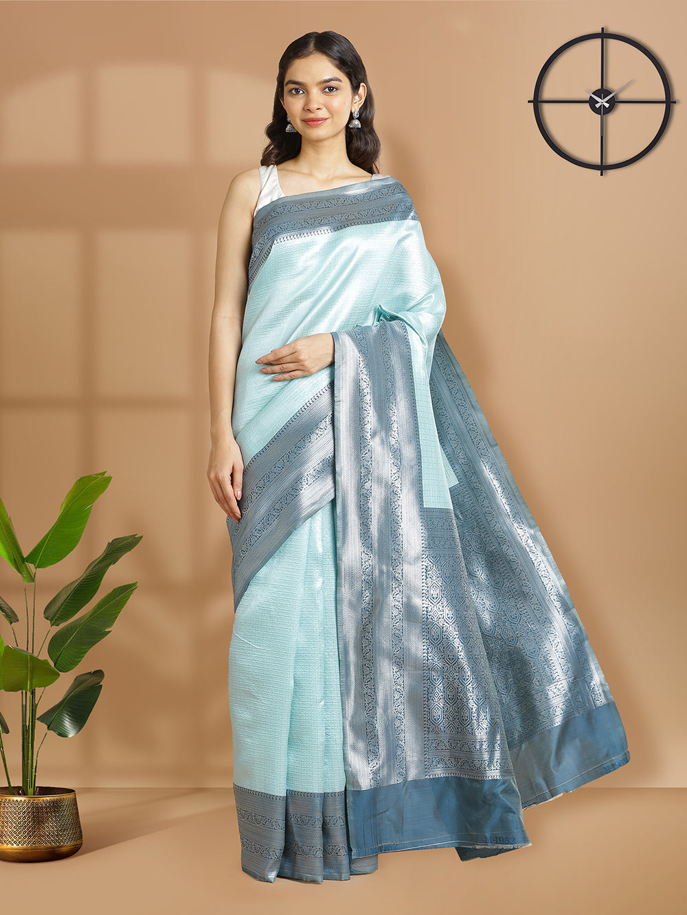 Light Aqua Green Color Silver Check Designed Art Silk Saree With Peacovk Blue Border
