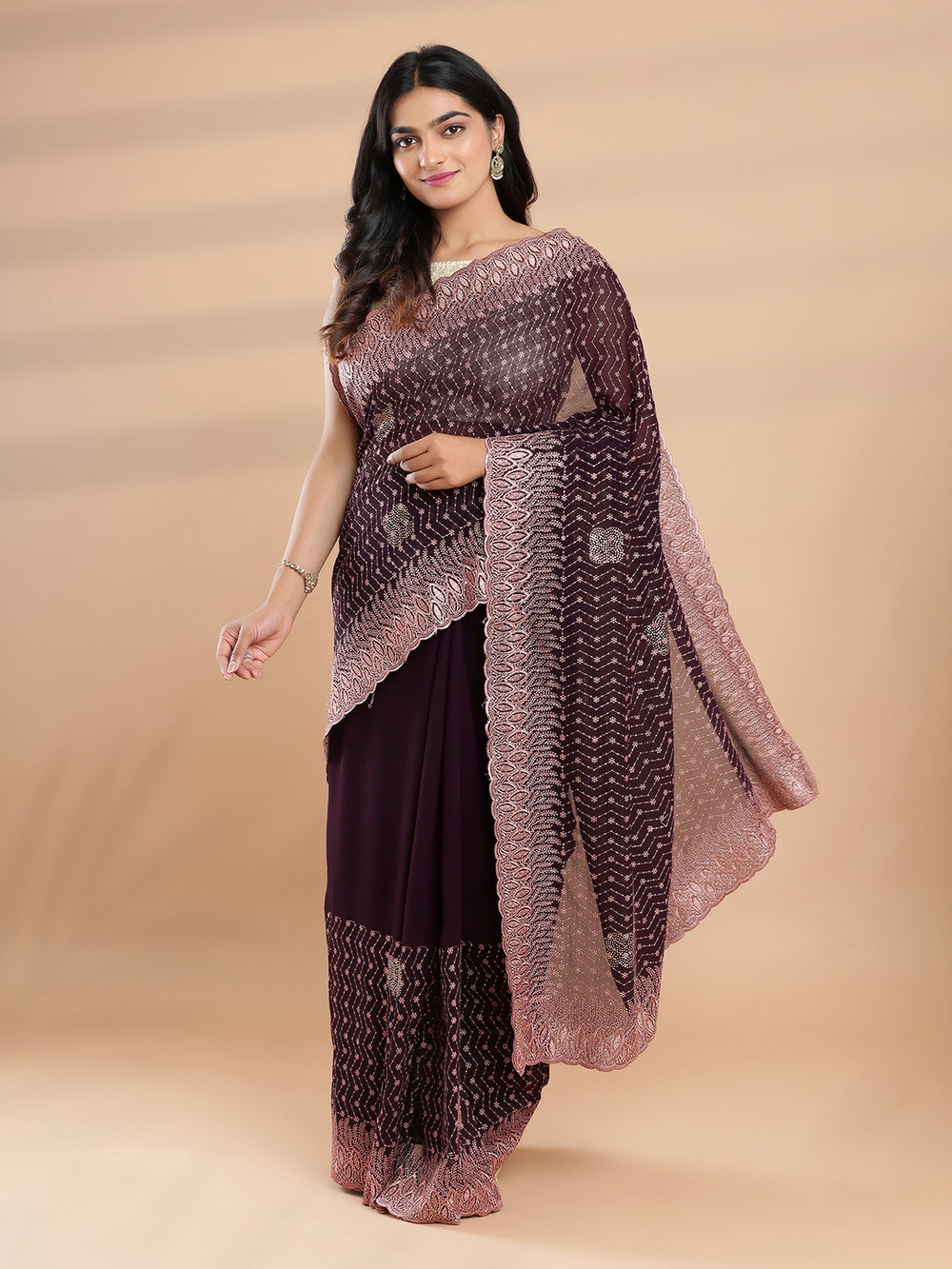 Coffee Brown Color Georgette Saree With Rose Gold Heavy Worked Design