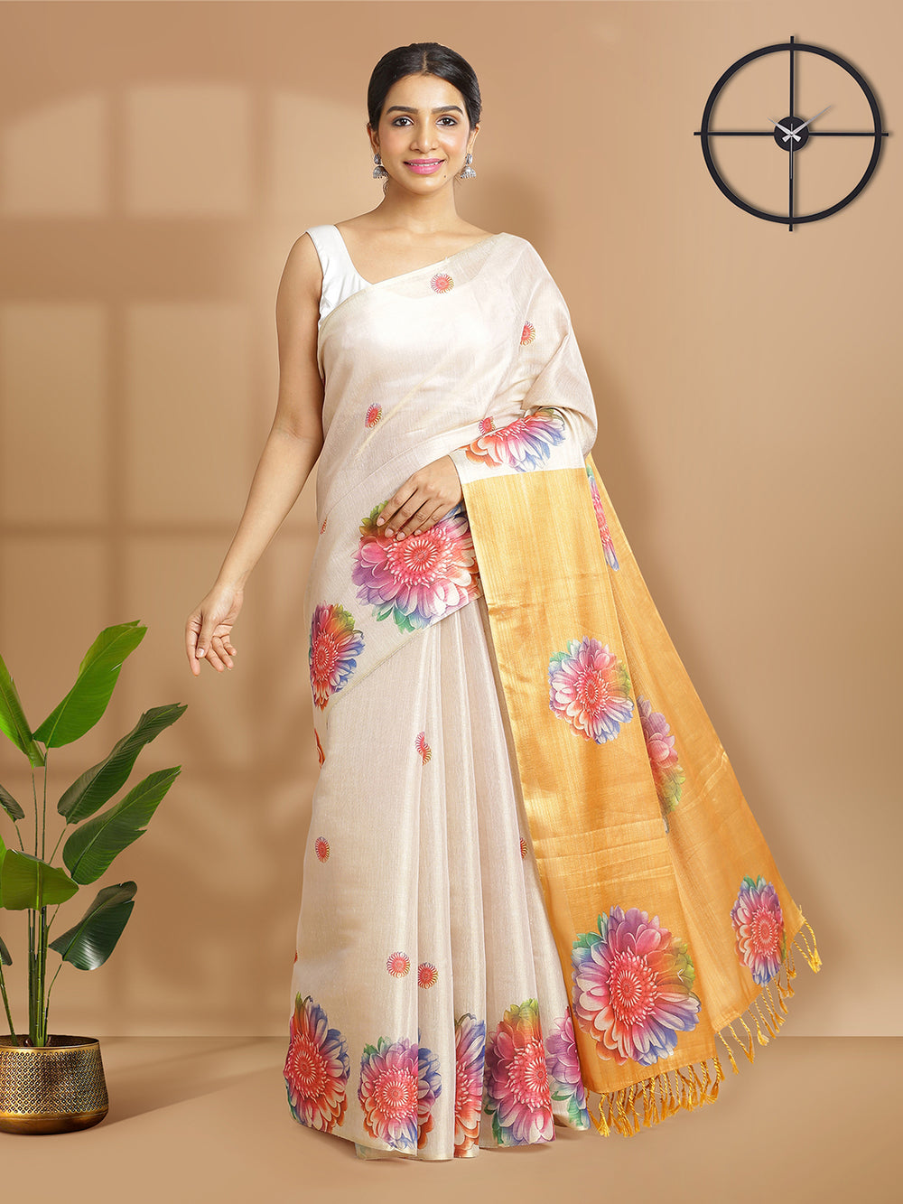 Golden Color Tissue Saree And Orange Color Pallu With Multi Floral Print Design