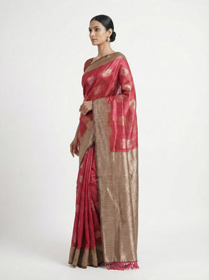 Semi Silk Premium Ruby Pink Saree with Chicku Contrast Blouse