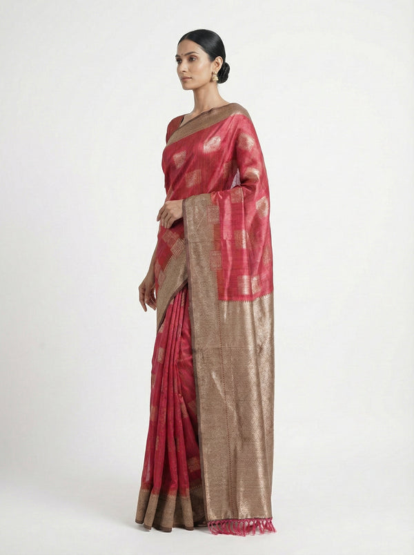 Semi Silk Premium Ruby Pink Saree with Chicku Contrast Blouse