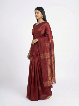 Semi Silk Maroon Saree with Floral Pallu & Plain Border Blouse