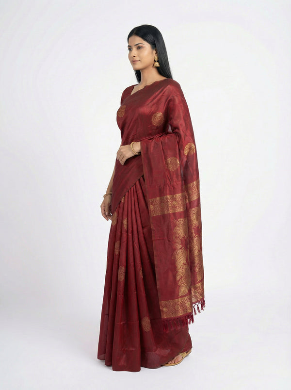 Semi Silk Maroon Saree with Floral Pallu & Plain Border Blouse