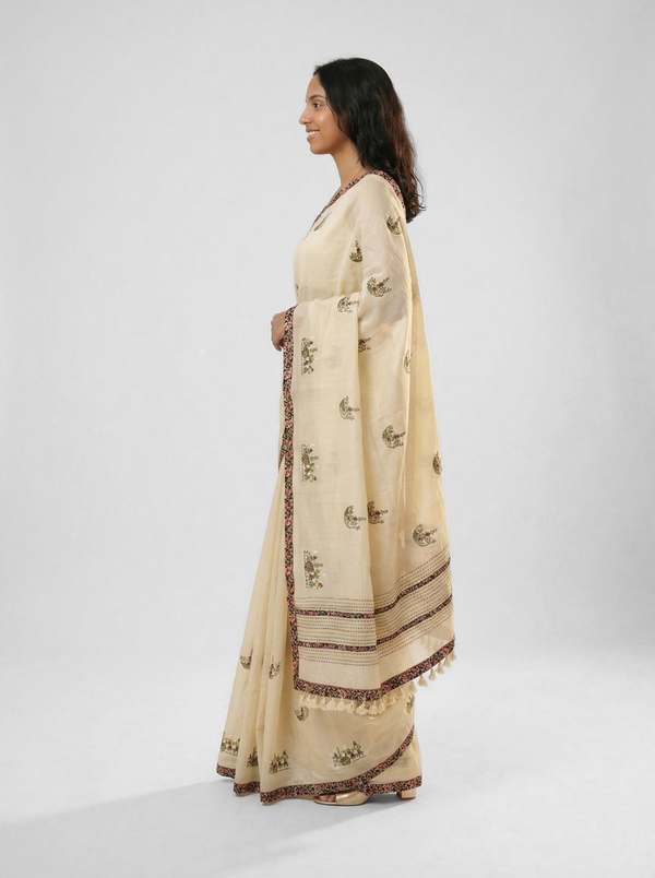 Chanderi Cotton Cream & Multicolor Floral Motif Pattern Saree