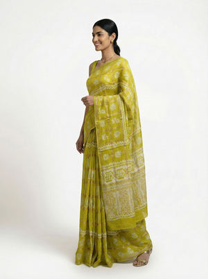 Chanderi Cotton Mustard Yellow Ethnic Print Saree
