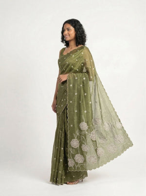 Organza Olive Green Floral Butti Designer Saree with Scalloped Embroidered Border
