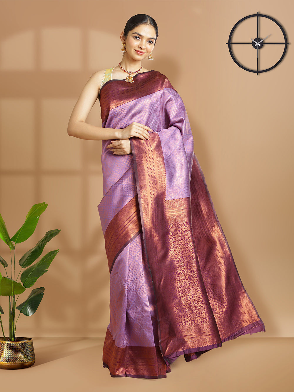 Lavender Color Copper Woven Designed Art Silk Saree With Wine Color Border