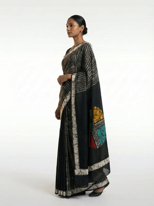 Cotton Black Modern Abstract Stripe Saree for Women