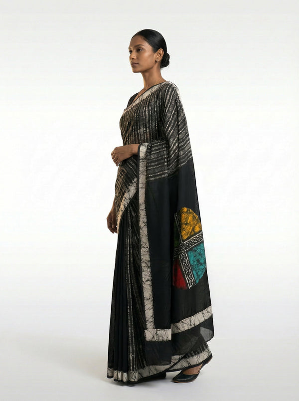 Cotton Black Modern Abstract Stripe Saree for Women