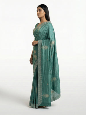 Vijithra Silk Teal Green Feather Motif Stone Work Designer Saree