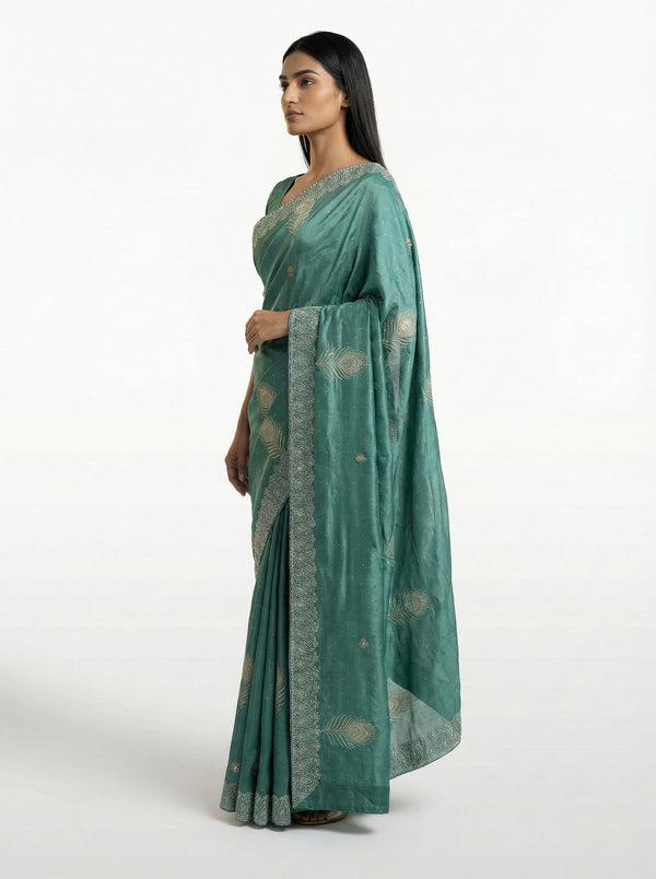 Vijithra Silk Teal Green Feather Motif Stone Work Designer Saree
