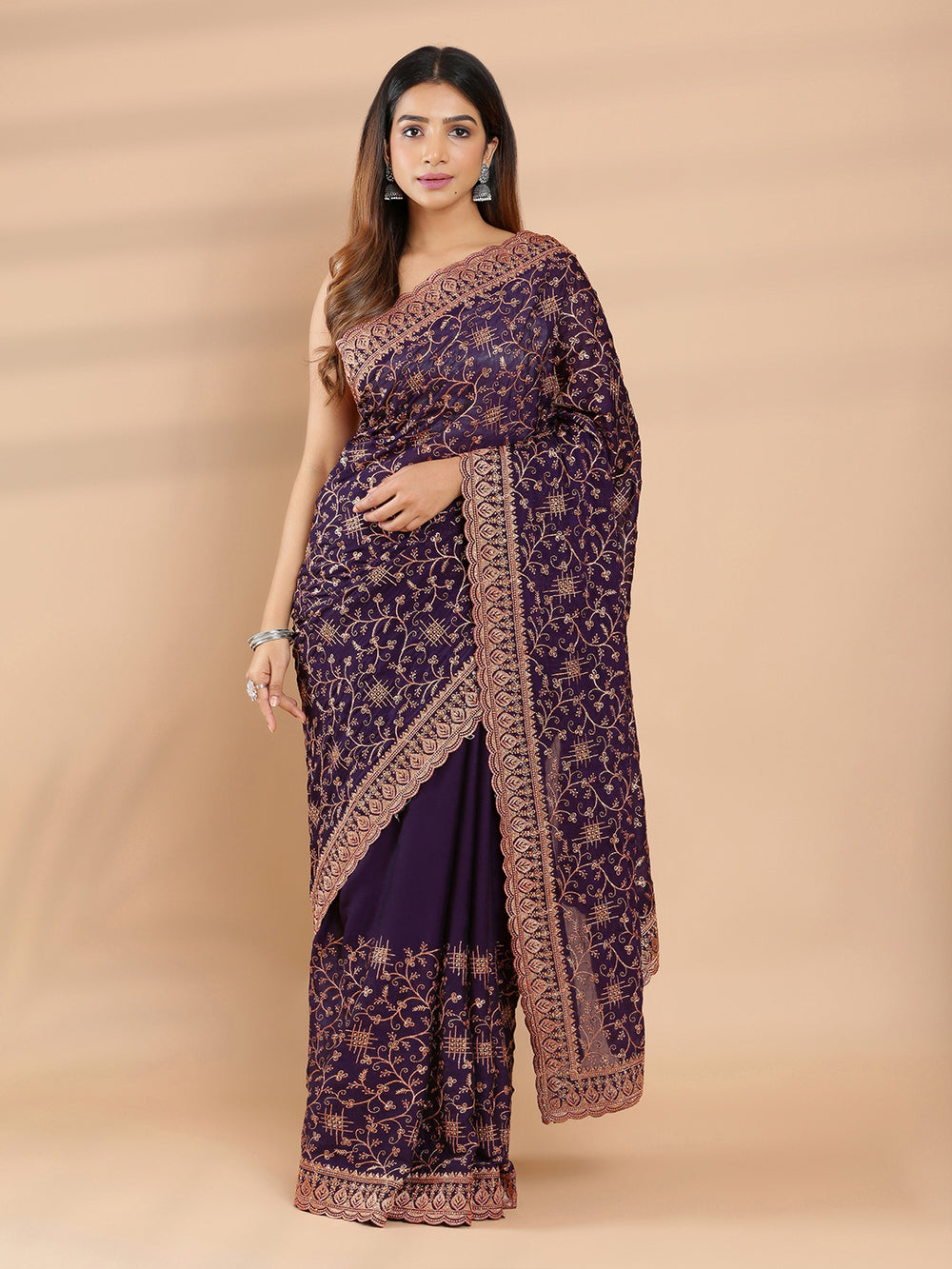 Dark Purple Crush Crepe Saree With Copper Embroidery On Body