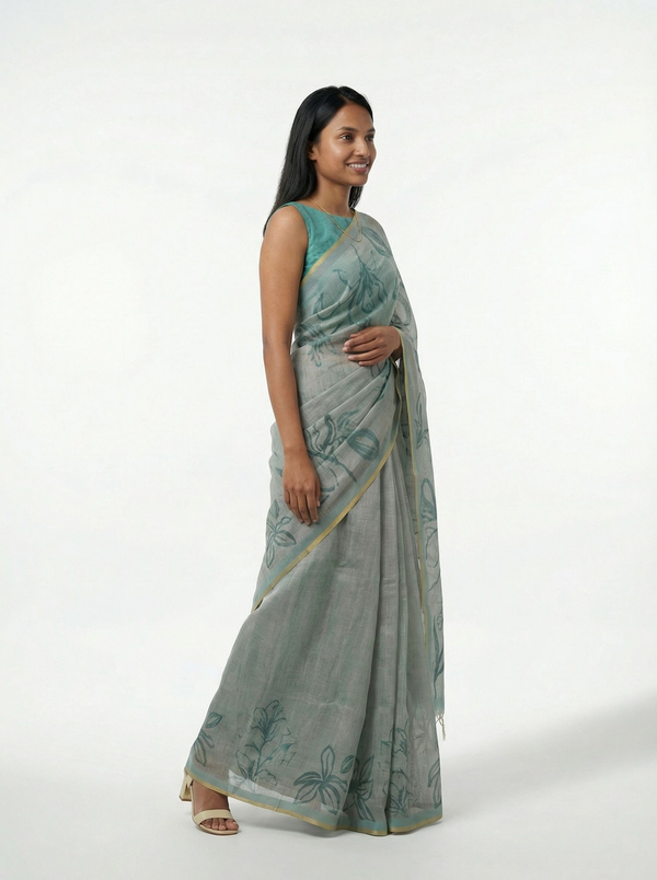 Chanderi Cotton Mist Grey Floral Saree
