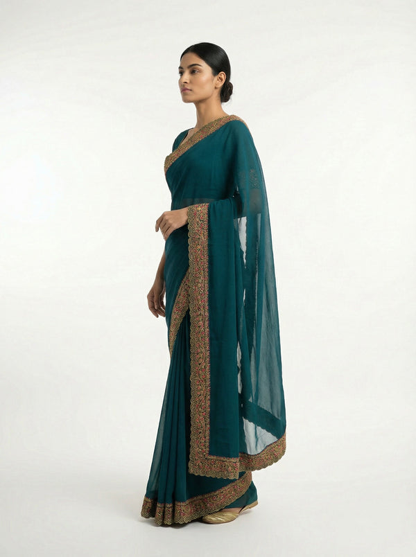 Georgette Peacock Blue Saree with Multicolor Embroidered Border