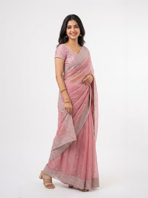 Vijithra Silk Baby Pink Zari With Stone Border Designer Saree