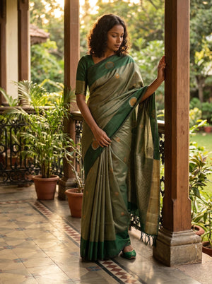 Art Silk Olive Green Floral Printed Saree with Contrast Border