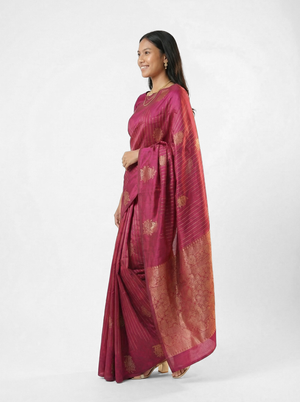 Semi Silk Magenta Pink & Gold Striped Zari Pattern Saree