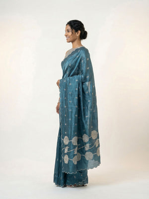 Organza Teal Blue Floral Butti Designer Saree with Scalloped Embroidered Border