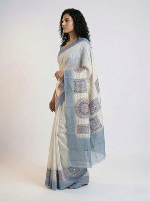 Cotton Off White Stripe Printed Saree with Blue Border Design
