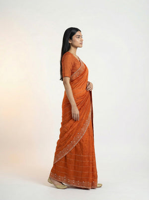 Vijithra Silk Rust Orange Stone Work Pattern Designer Saree