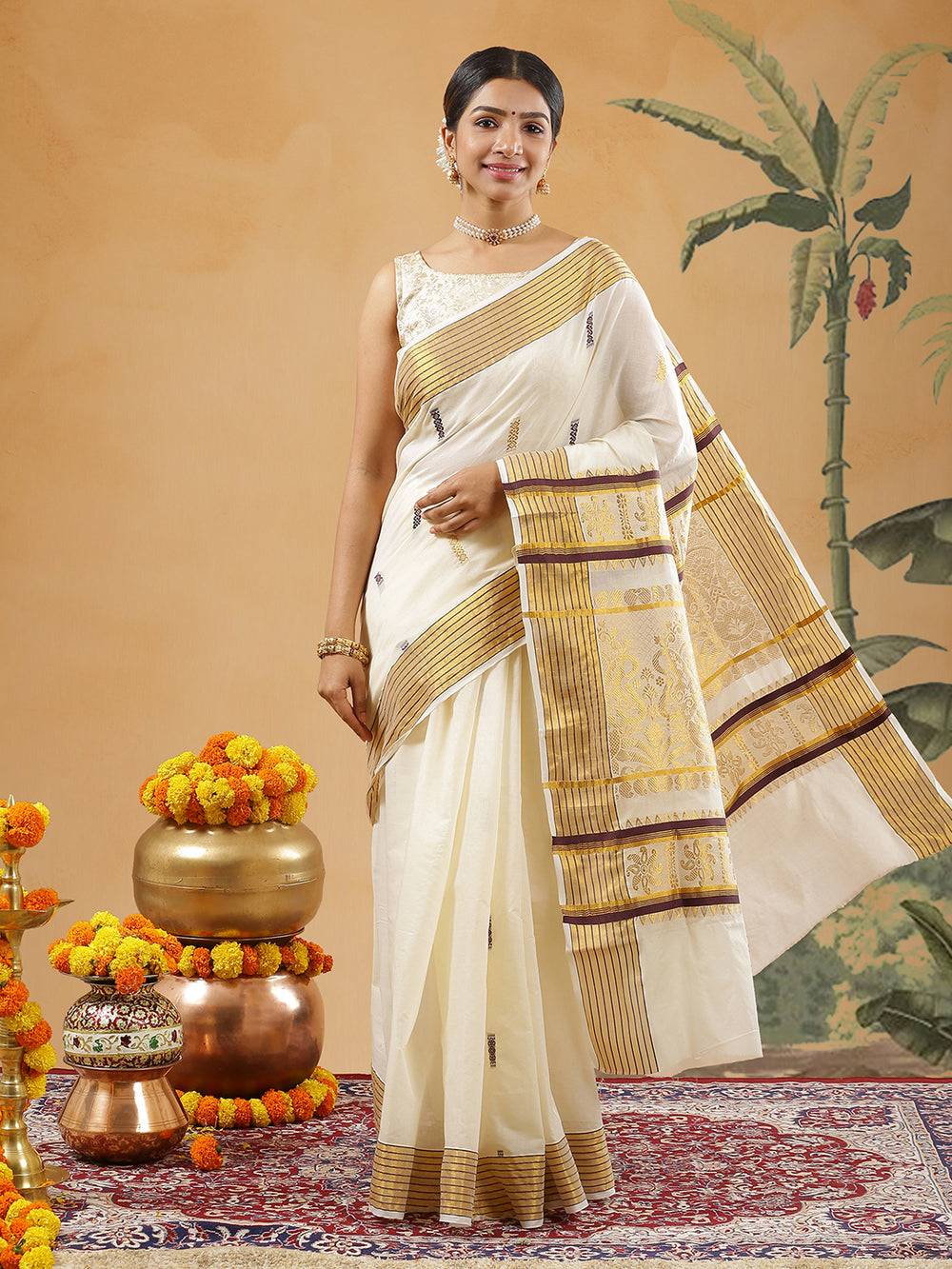 Off White Color Cotton Set Saree With Golden And Coffee Brown Thread Worked Buttas