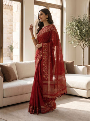 Semi Tussar Crimson Red Floral Embroidery Border Saree
