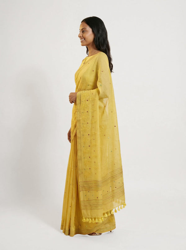Chanderi Cotton Yellow Embroidered Floral Pattern Saree