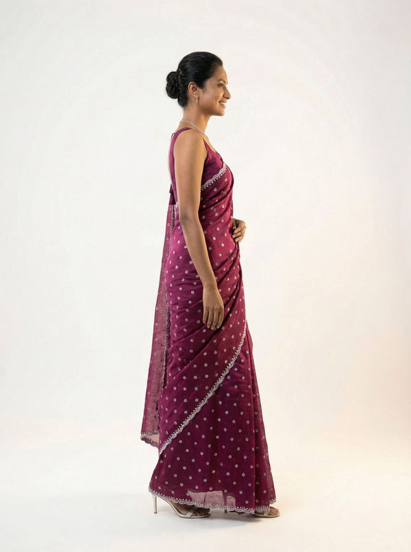 Shimmer Organza Wine Polka Dot Designer Saree with Embellished Border