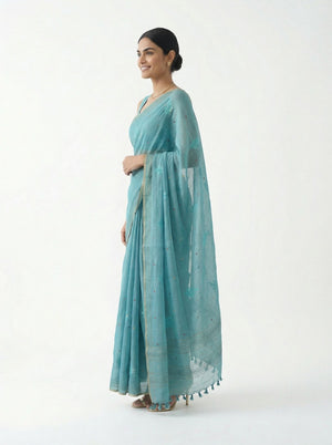Chanderi Cotton Sky Blue Embroidered Floral Pattern Saree