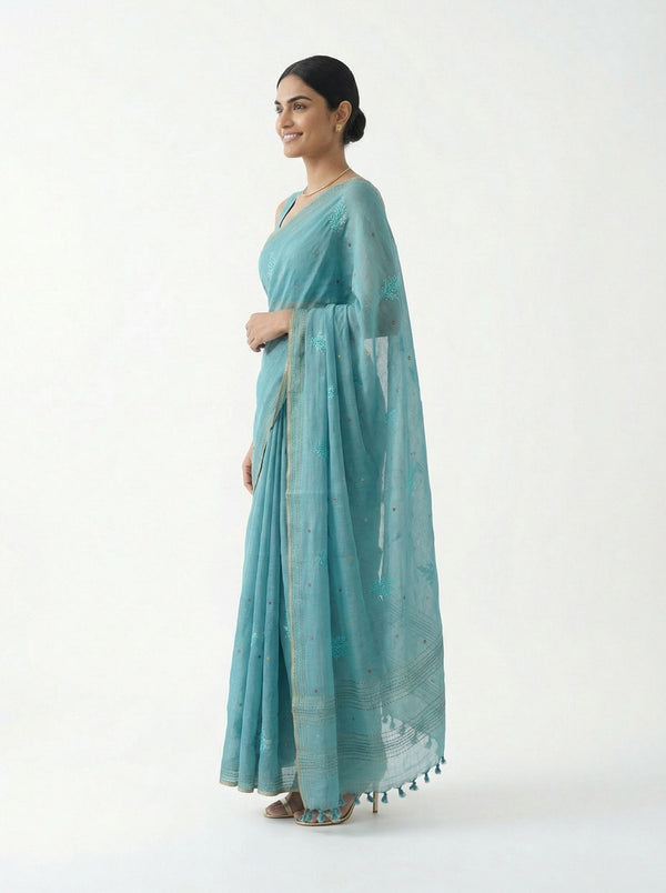 Chanderi Cotton Sky Blue Embroidered Floral Pattern Saree