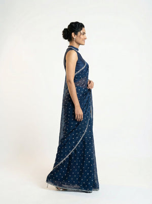 Shimmer Organza Navy Blue Polka Dot Designer Saree with Detailed Border