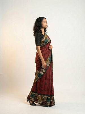 Cotton Maroon Printed Saree with Traditional Batik and Designer Border