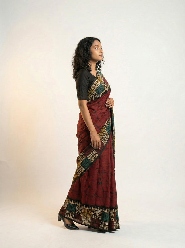 Cotton Maroon Printed Saree with Traditional Batik and Designer Border