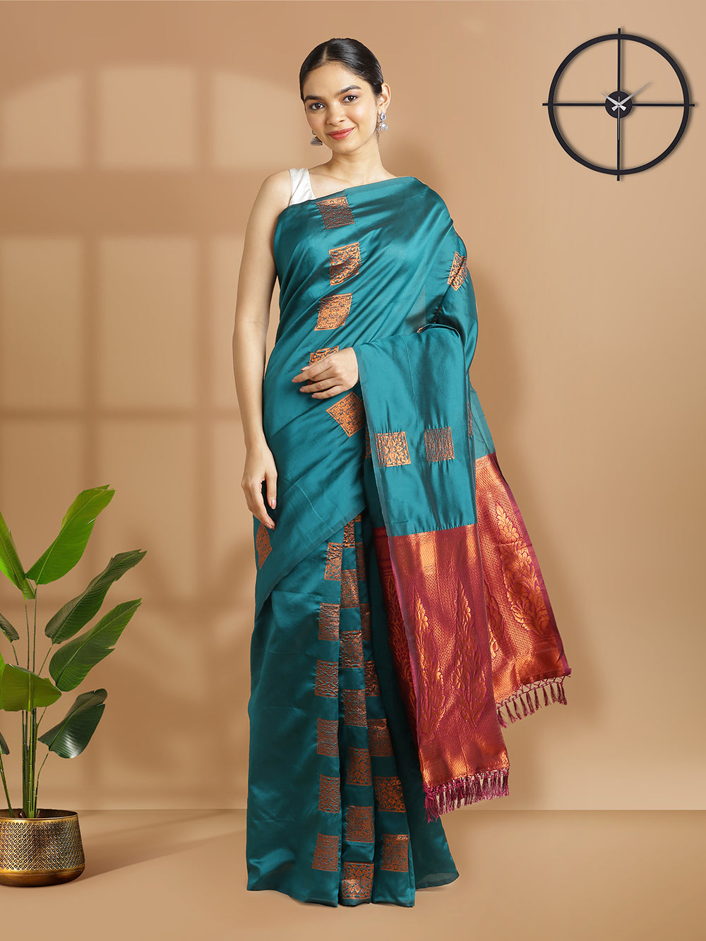 Peacock Green Color Poly Silk Saree With Copper Thread Worked Buttas Over Body