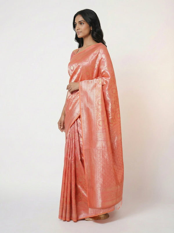 Semi Silk Carrot Peach Elegant Saree