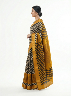 Chanderi Cotton Black Gold Checkered Designer Saree